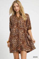 Umgee Full Size Leopard Print Mini Dress with Contrast Trim Plus Size Brown OutfitFlow